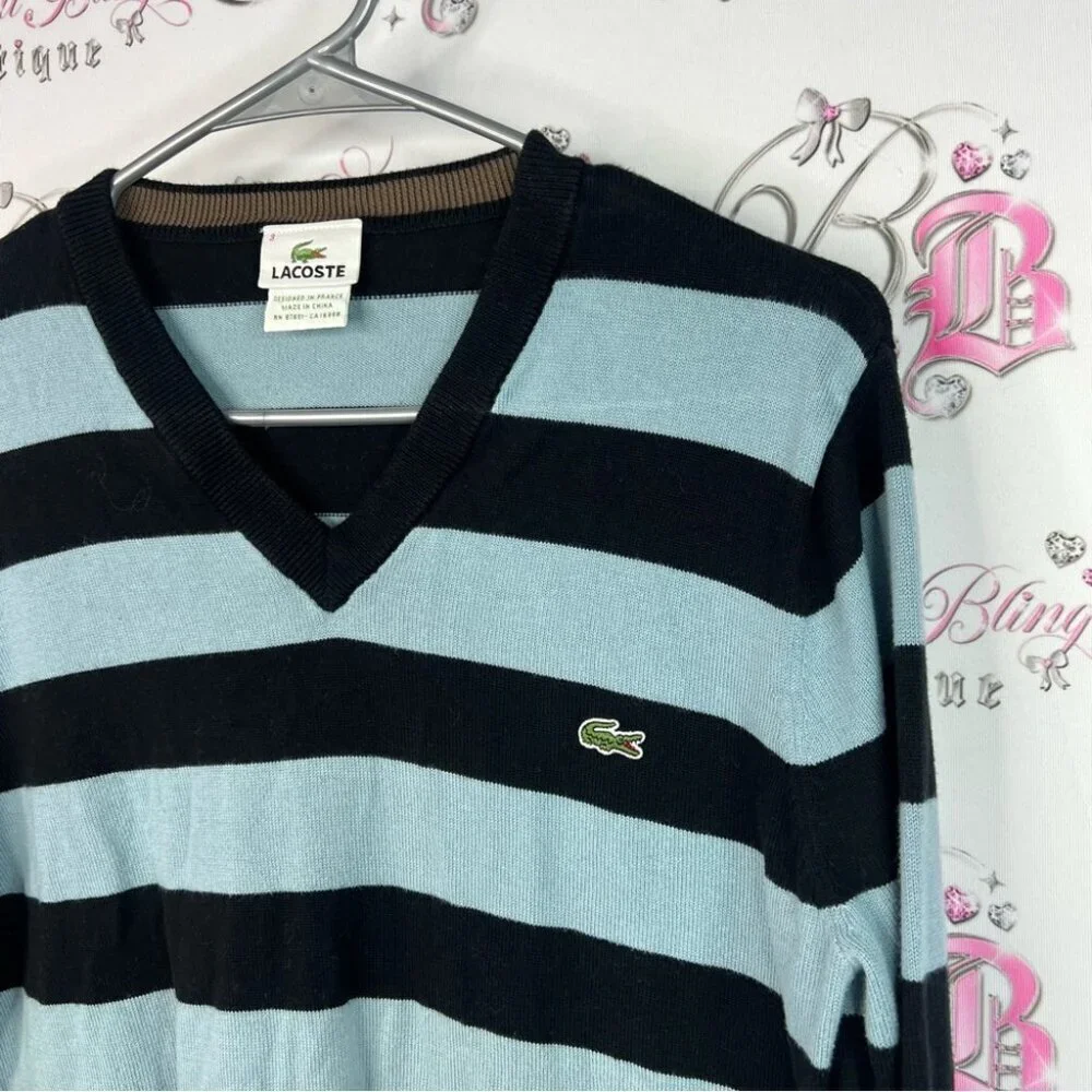 Lacoste V-Neck Sweater striped stripes long sleeve preppy stretchy logo